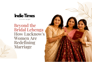 Three women from different generations stand together smiling, holding a traditional bridal lehenga and a financial savings book, symbolising the evolving priorities of modern women in Lucknow as they balance marriage, financial independence, and personal choice.