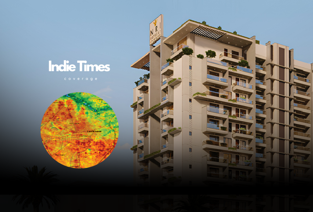Heat map of Lucknow displayed alongside a modern residential building, illustrating the urban heat island effect and rising temperatures across different neighbourhoods due to rapid urban development.