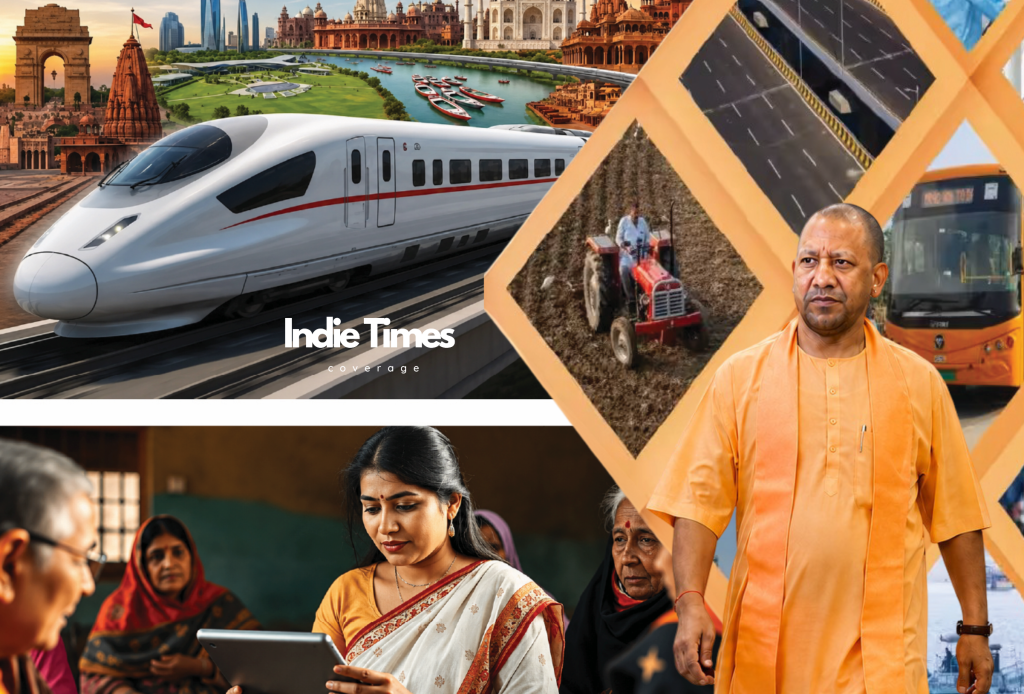 "Collage of India's development themes featuring a high-speed bullet train, iconic monuments including India Gate and Taj Mahal, a farmer on a tractor, solar panels, a public transit bus, a political leader in saffron attire, and women using digital tablets — representing infrastructure, agriculture, technology, and social progress."