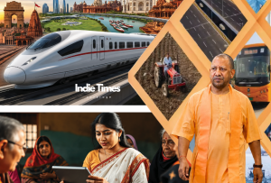 "Collage of India's development themes featuring a high-speed bullet train, iconic monuments including India Gate and Taj Mahal, a farmer on a tractor, solar panels, a public transit bus, a political leader in saffron attire, and women using digital tablets — representing infrastructure, agriculture, technology, and social progress."